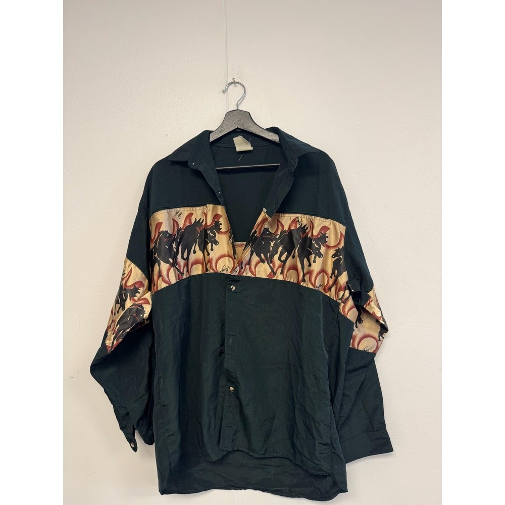 Vintage AS Horse Print Shirt Mens XL Green Western Flames‎ Running Horses 90s